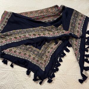 Navy and Beige Patterned Scarf with Tassels